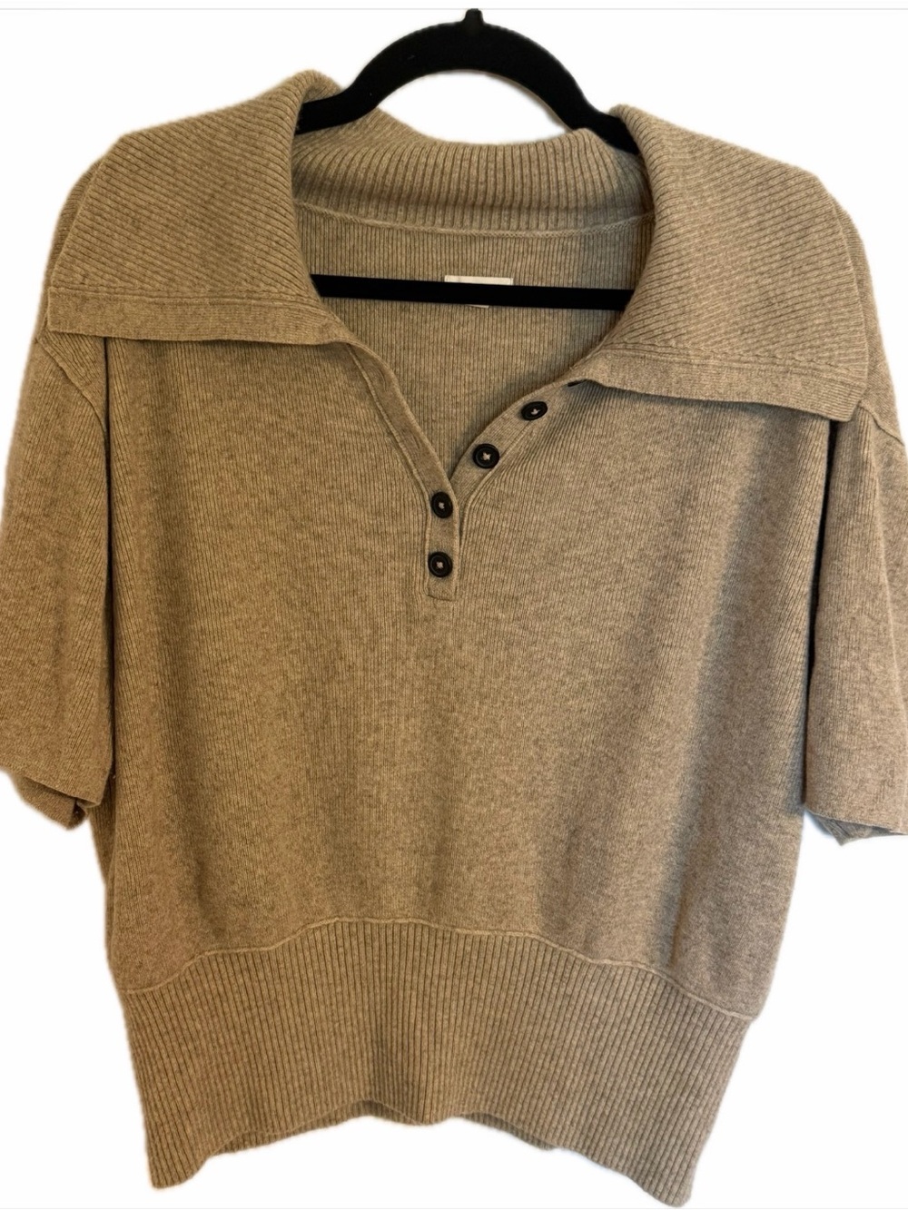 Pilcro by Anthropologie Collared Short-Sleeve Sweater - Taupe Sz L